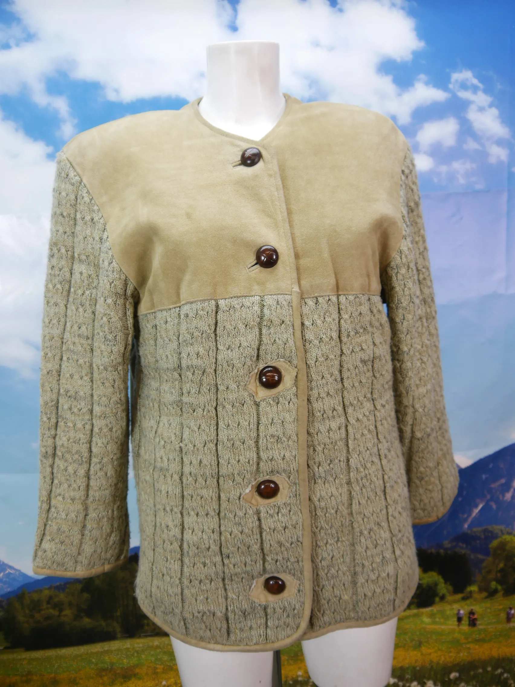 Nockstein echtes Leder beiger Janker mit Zopfmuster Trachtenjacke Jacke Gr.38
